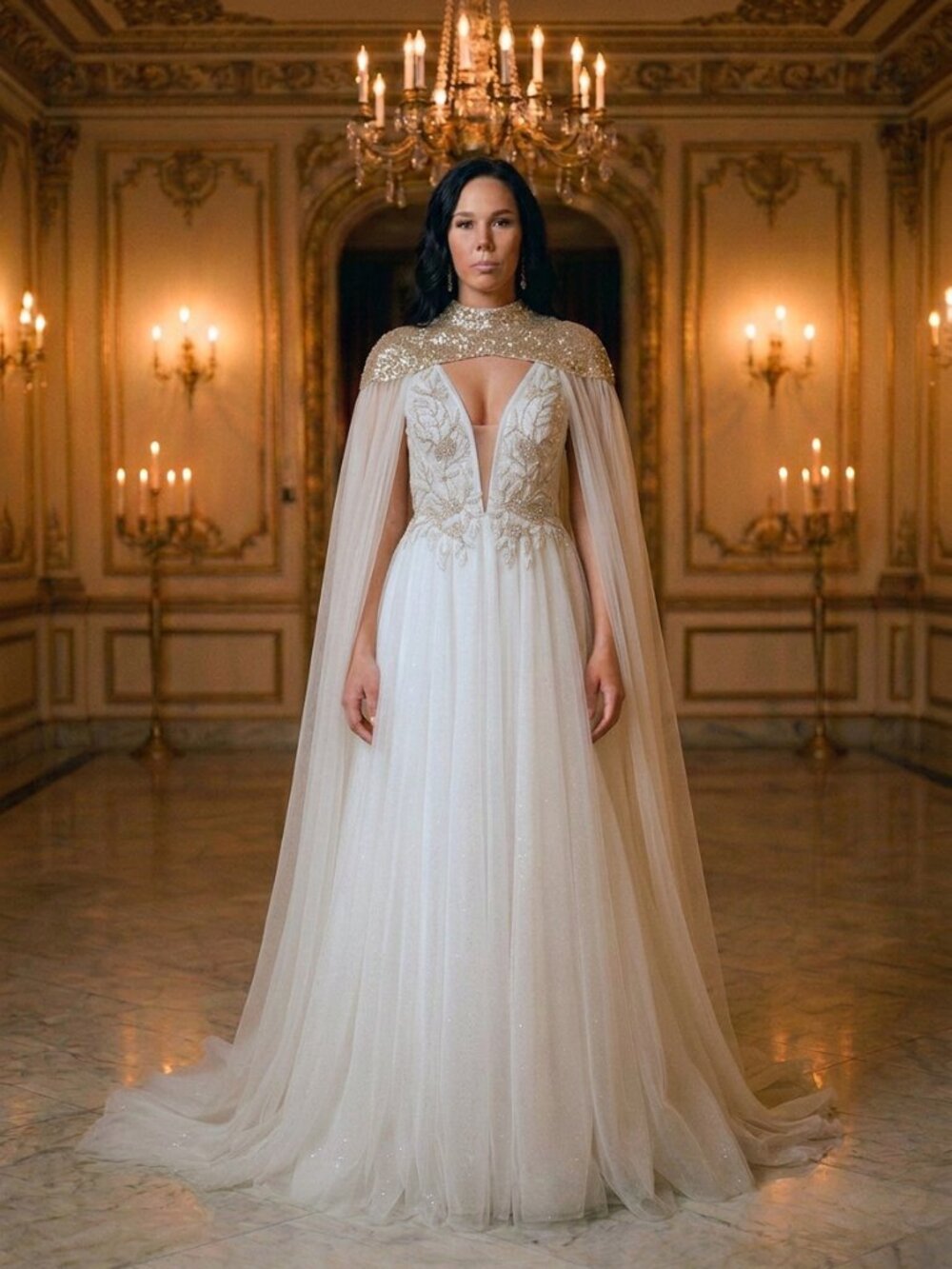 Lazaro Alma 3902 Wedding Dress | Size 4 | Gold Ombré Sparkle | Matching Cape Inc